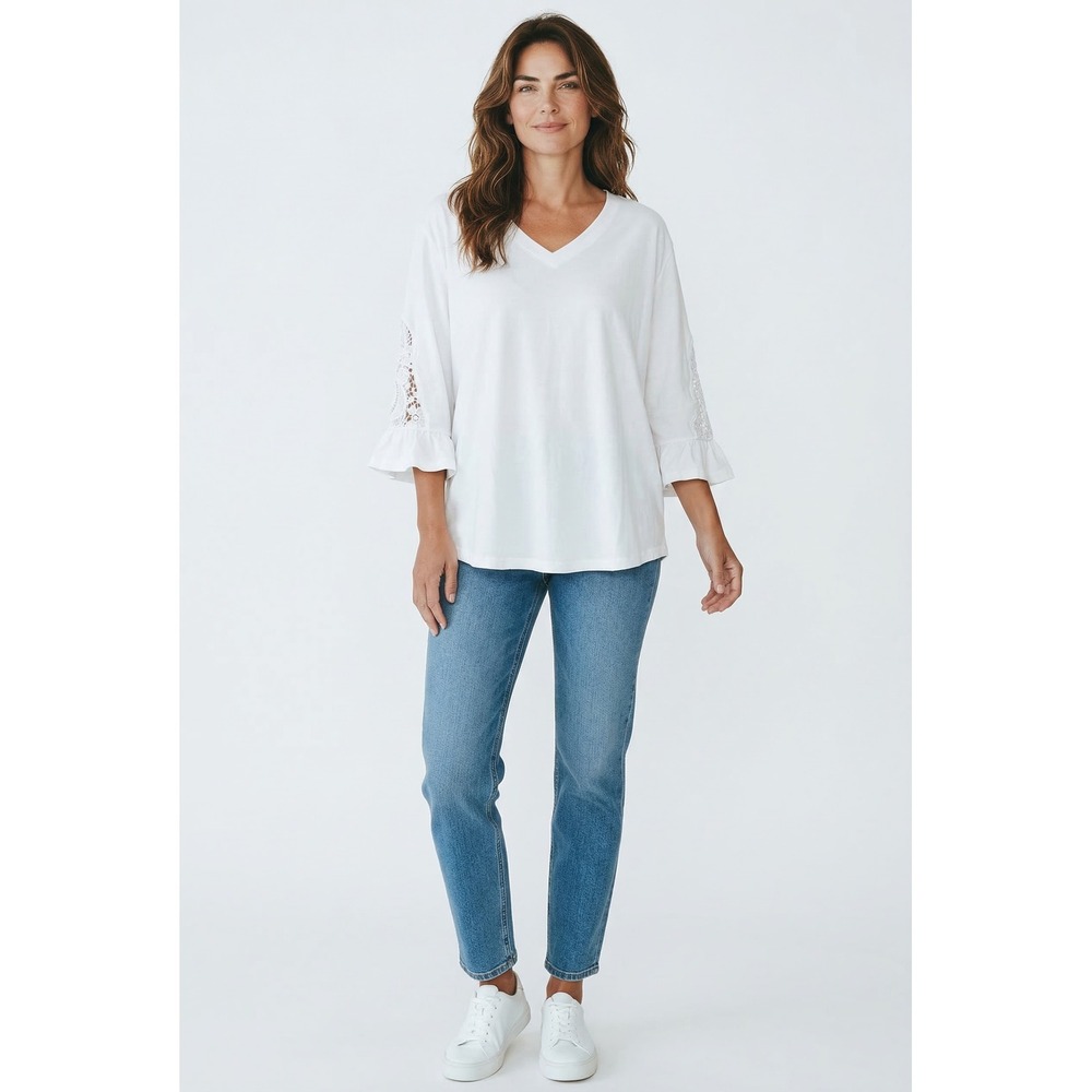 Rapbin Women White V-Neck Lace Crochet 3/4 Bell Sleeve Ruffle Top 2XL NWT